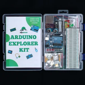 Arduino Explorer Kit case open, showing the sorted components and breadboard inside