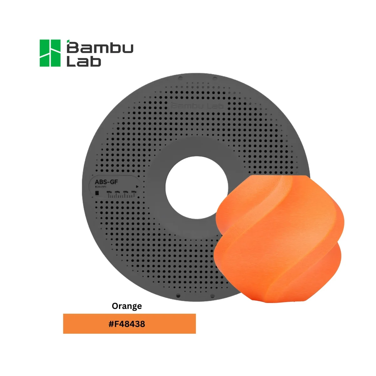 Bambu Lab ABS filament spool with an orange printed vase and the colour swatch label
