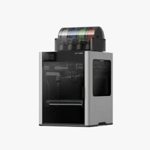Bambu Lab H2D 3D printer with an AMS unit mounted on top holding four filament spools