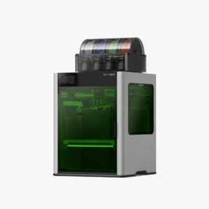 Bambu Lab H2D laser combo with the laser chamber illuminated green and an AMS on top