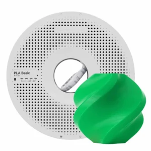 Bambu Lab PLA Basic 1 kg filament spool beside a green printed vase