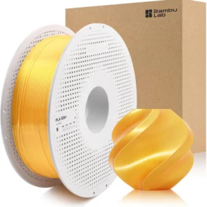 Bambu Lab PLA Silk plus gold filament spool with retail box and a gloss printed vase