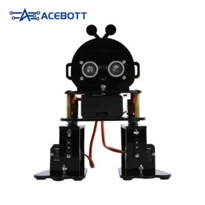 ACEBOTT biped walking robot kit assembled, standing front view with ultrasonic sensor face