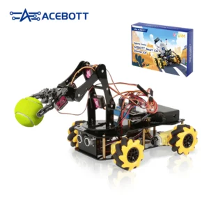Smart car fitted with the five axis robot arm gripping a tennis ball, beside the retail box