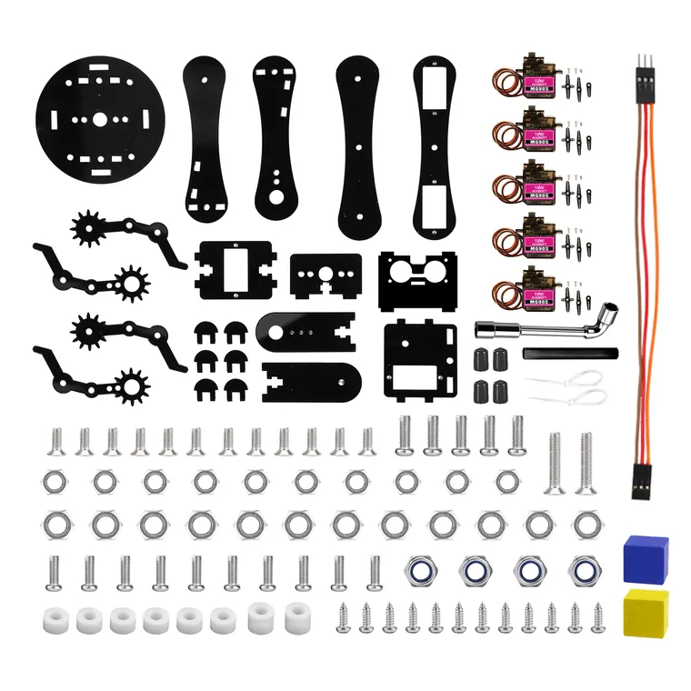 Flat lay of the five axis robot arm pack components including servos, acrylic linkages and fixings