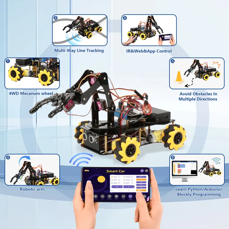 Feature panel showing the robot arm car line tracking, app control and obstacle avoidance
