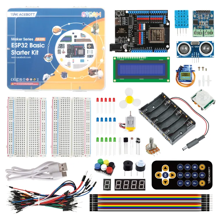 Flat lay of the 29 components in the ESP32 Basic Starter Kit including breadboard and jumper leads