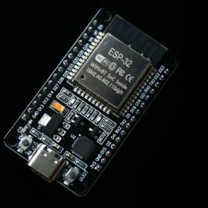 ESP32 development board with WiFi and Bluetooth, angled view showing the shielded module