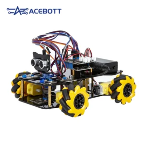ACEBOTT ESP32 smart car starter kit assembled with yellow Mecanum wheels, three quarter view