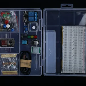 ESP32 Starter Kit case open showing the breadboard, board and sorted components