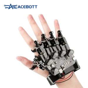 ACEBOTT motion sensing glove worn on a hand, showing the finger linkages and control board
