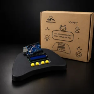Assembled RetroForge handheld console with LCD screen and yellow arcade buttons