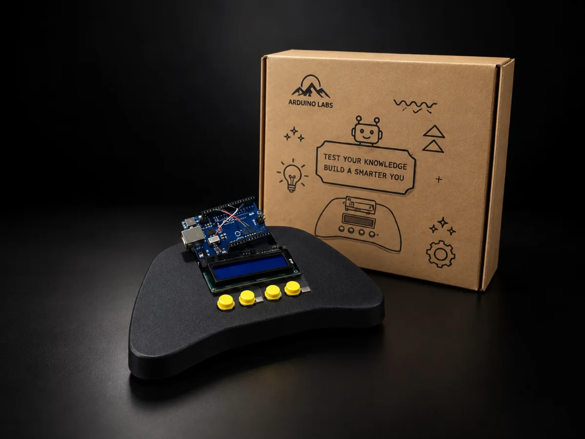 Assembled RetroForge handheld console with LCD screen and yellow arcade buttons