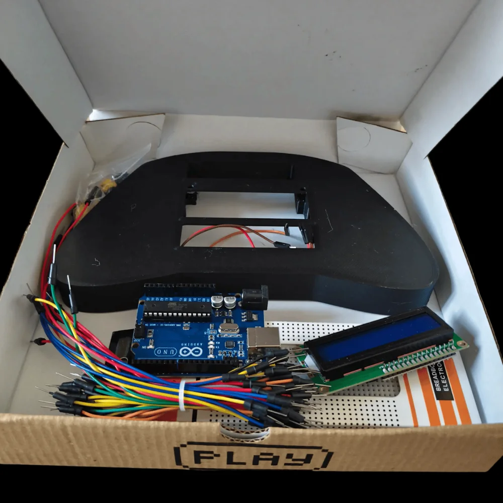 Close up of the RetroForge console showing the LCD display and button layout
