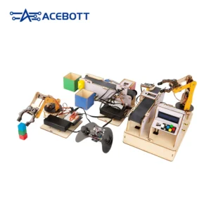 The smart factory robotic arm, sorting line and warehouse projects assembled on white