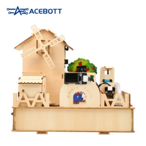 Assembled wooden smart farm model with windmill, greenhouse and sensor modules