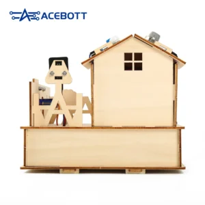 Assembled wooden smart home model with balcony, RFID door and sensor modules
