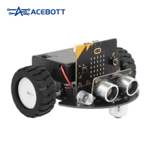 ACEBOTT TinkerBott robot car with micro:bit board fitted, three quarter view